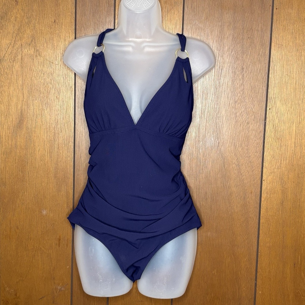 Charmo One Piece Swimsuit Women's L Navy Ruched Tummy Control Open Back Beach